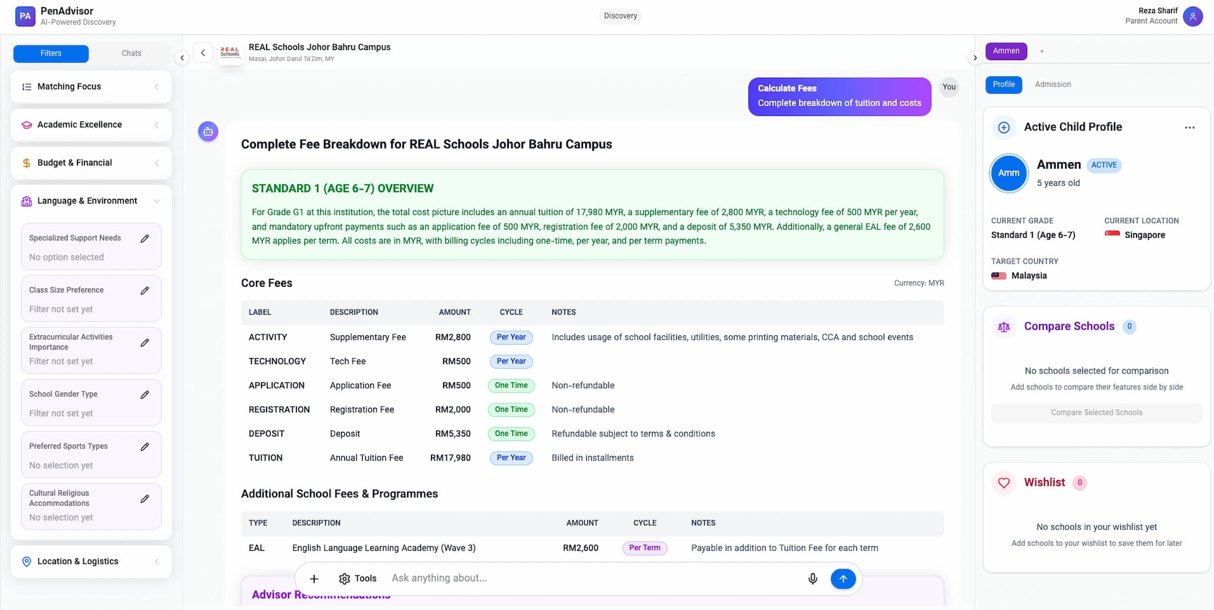 PenAdvisor app showing personalized school match results