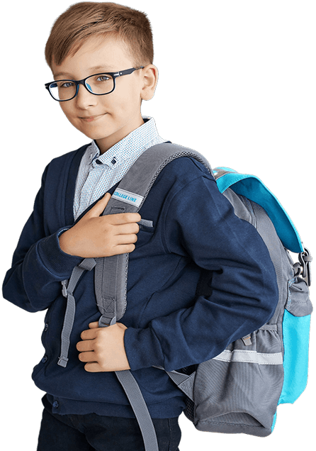 Smiling student with glasses and a school backpack