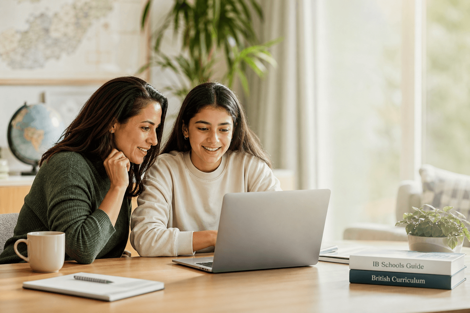 Parent and student reviewing international school options together on a laptop