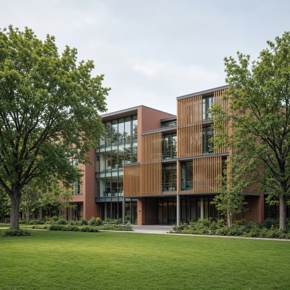 Brick and timber school building across a green campus